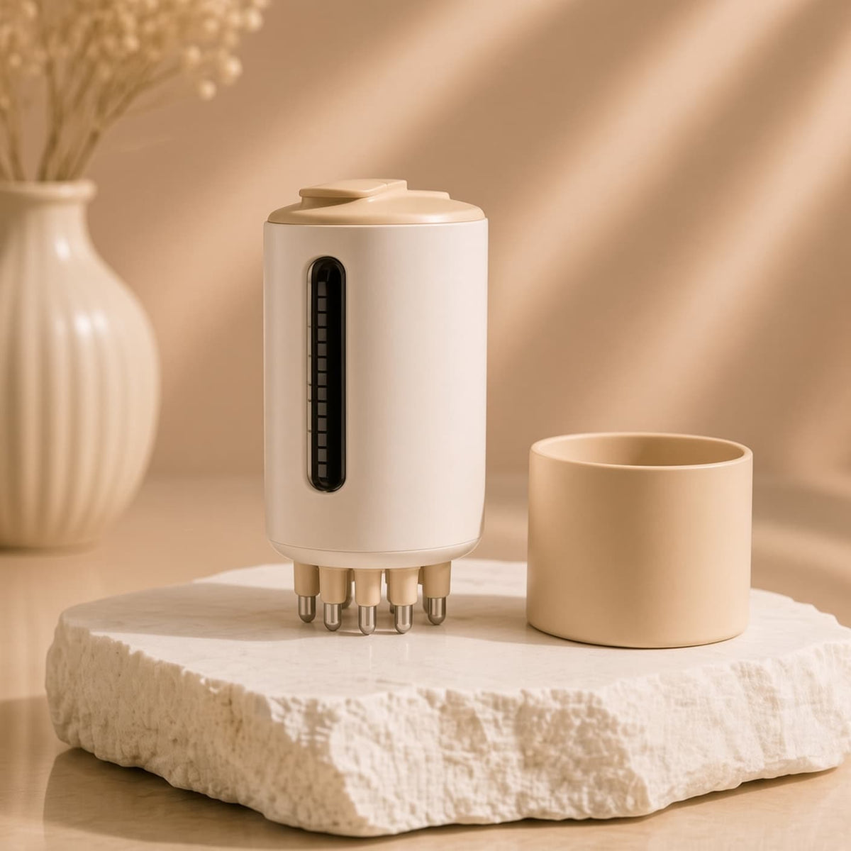 Masajeador capilar eléctrico blanco con aplicador de sérum sobre piedra decorativa, Costelya